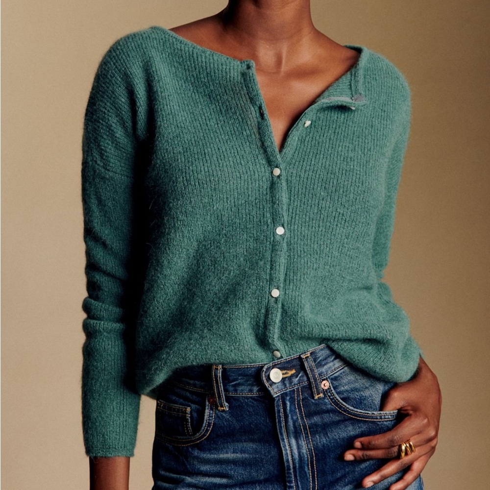 Sezane Teal Green Button-Front Fuzzy Knit Cardigan